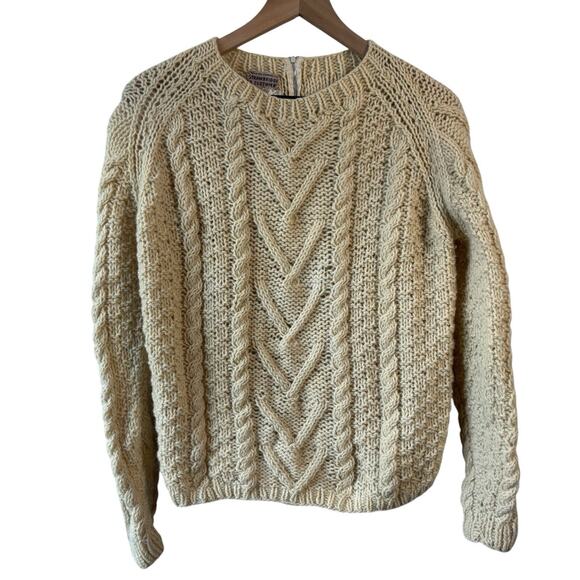 Vintage Strawbridge Clothier Womens Sweater Cream Fisherman Chunky Knit Wool - Picture 1 of 6